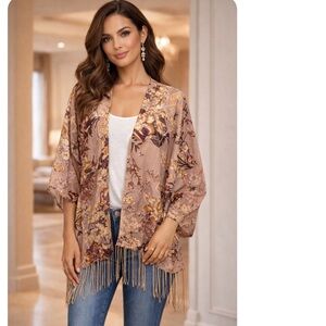 Boho BURNOUT VELVET Floral Fringe Kimono Top